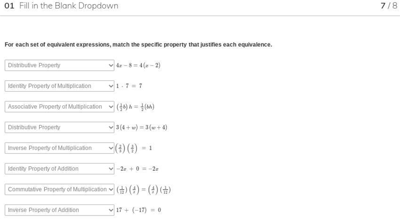 For each set of equivalent expressions, match the specific property that justifies-example-1