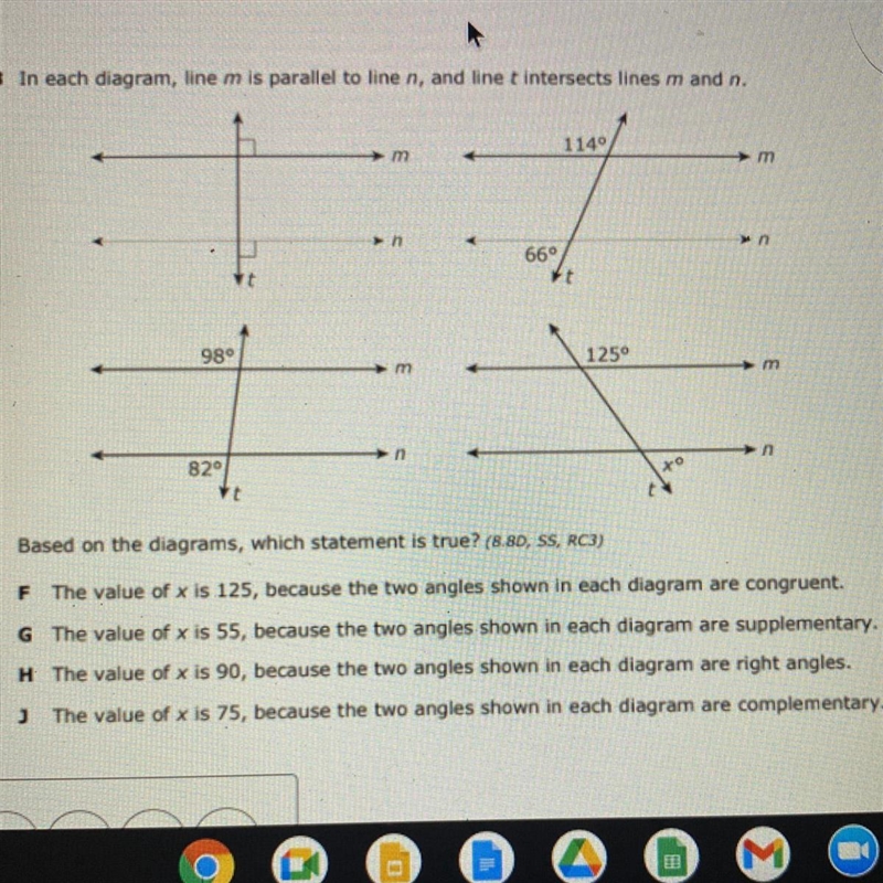 In each diagram, line m is parallel to line n, and line t intersects lines m and n-example-1