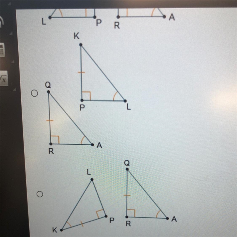 Which of these triangle pairs can be mapped to each other using a reflection and a-example-1