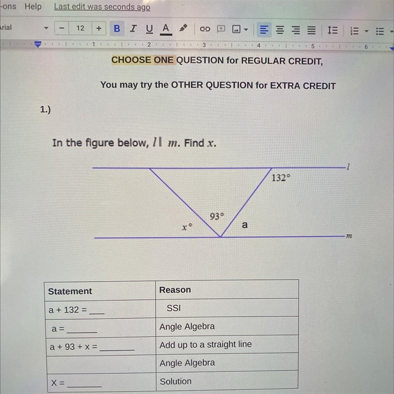 In the figure below. Find x and help me fill in the statement plus reason.-example-1