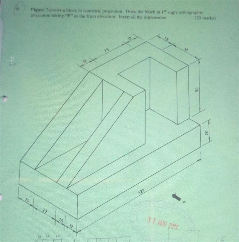 Figure above shows a bkock of isometric projection draw the 1st angle projection taking-example-1