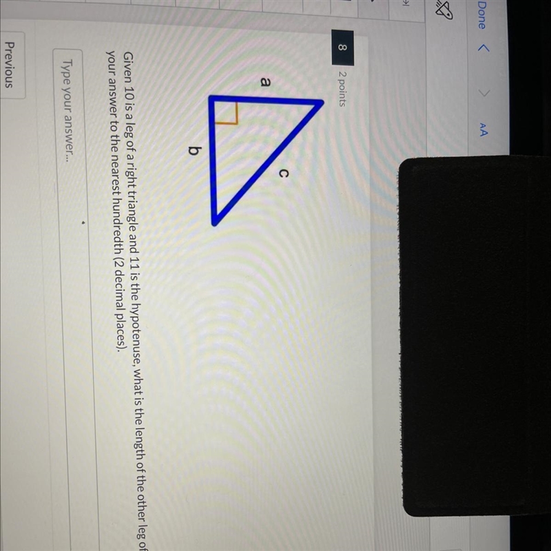 Given 10 is a leg of a right triangle and 11 is the hypotenuse, what is the length-example-1