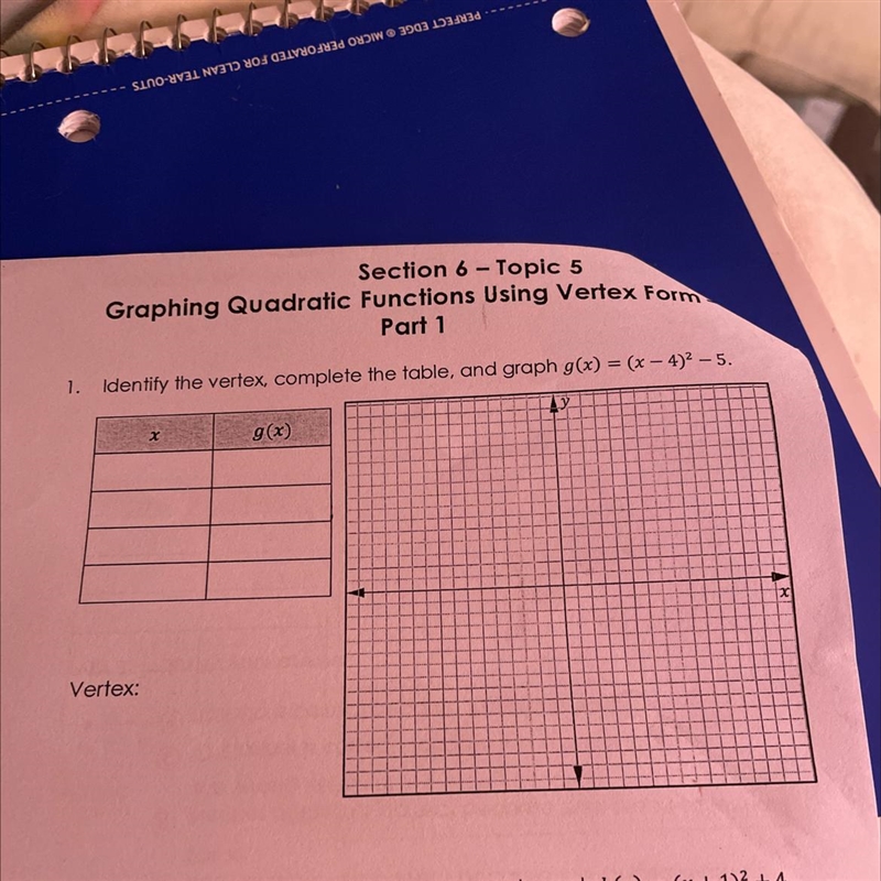 1. Identify the vertex, complete the table, and graph g(x) = (x - 4)2 – 5. y g(x) X-example-1