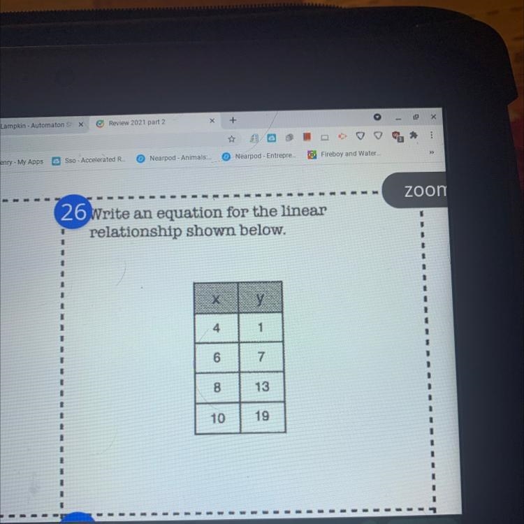 1 Write an equation for the linear relationship shown below. 4 1 6 7 8 13 10 19-example-1