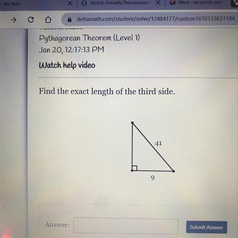 Find the exact length of the third side. 41 9 what’s the other side-example-1