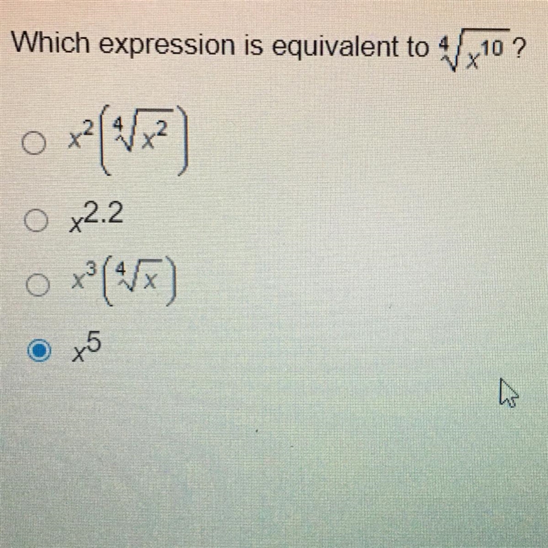 Which expression is equivalent to 4sqrt x10? Need answers ASAP!!-example-1