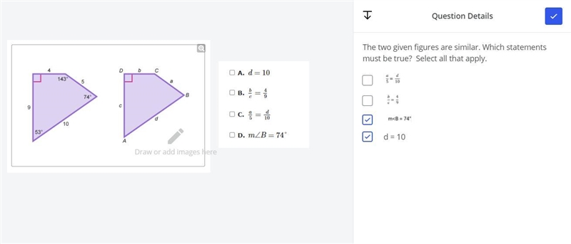 The two given figures are similar. Which statements must be true? Select all that-example-1