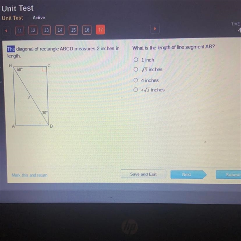 The diagonal of rectangle ABCD measures 2 inches in length. What is the length of-example-1