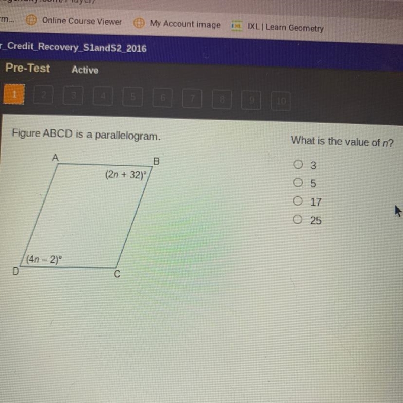 Figure ABCD is a parallelogram. A. 3 B. 5 C. 17 D. 25-example-1