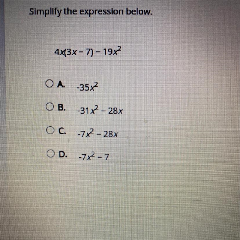 Please :) Simplify the expression below. 4x(3x - 7) - 1982-example-1