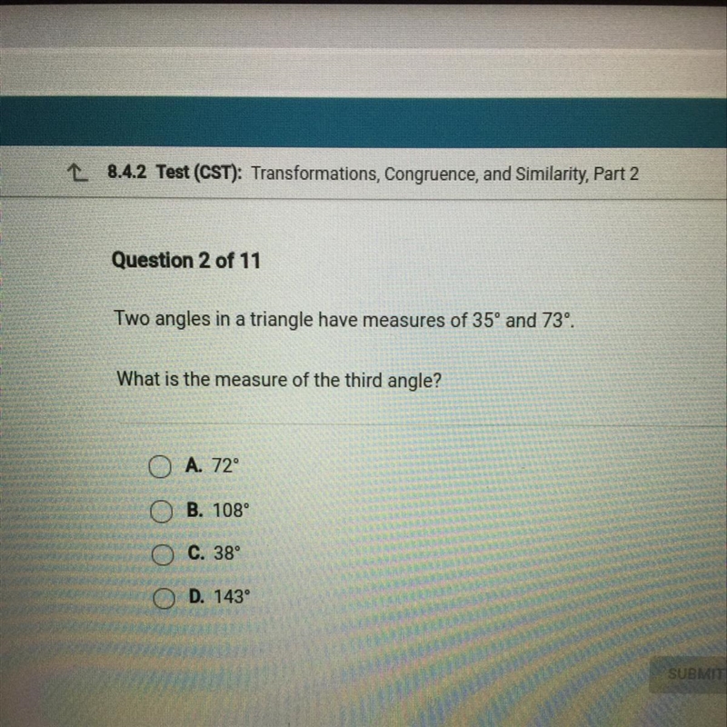 Two angles in a triangle have measures of 35 and 73 What is the measure of the third-example-1