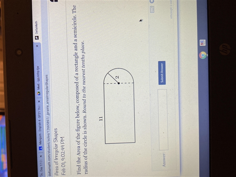 Find the area of the figures below, composed of a rectangle and a semicircle. The-example-1