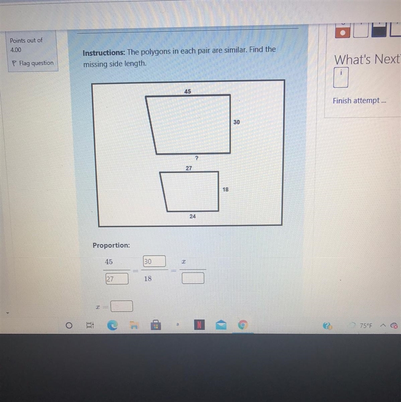 Instructions: The polygons in each pair are similar. Find the missing side length-example-1