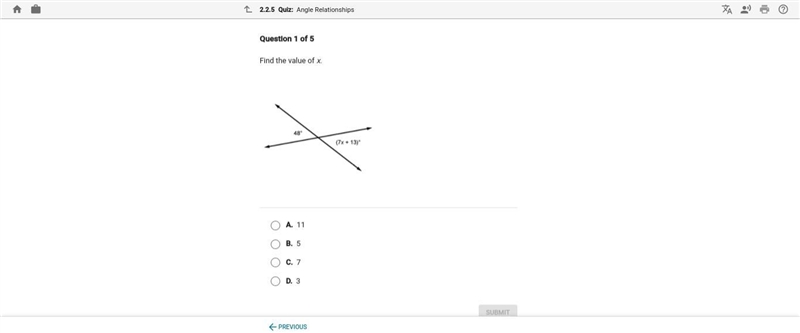 Find the value of x A. 11 B. 5 C. 7 D. 3-example-1