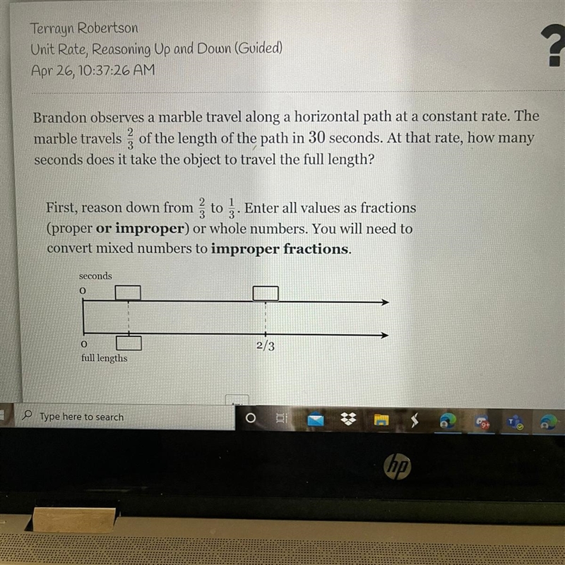 Brandon observes a marble travel along a horizontal path at a constant rate. The marble-example-1