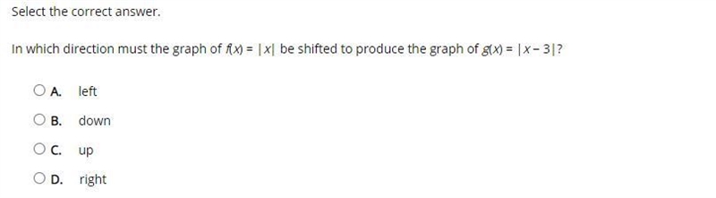 In which direction must the graph of f(x) = |x| be shifted to produce the graph of-example-1