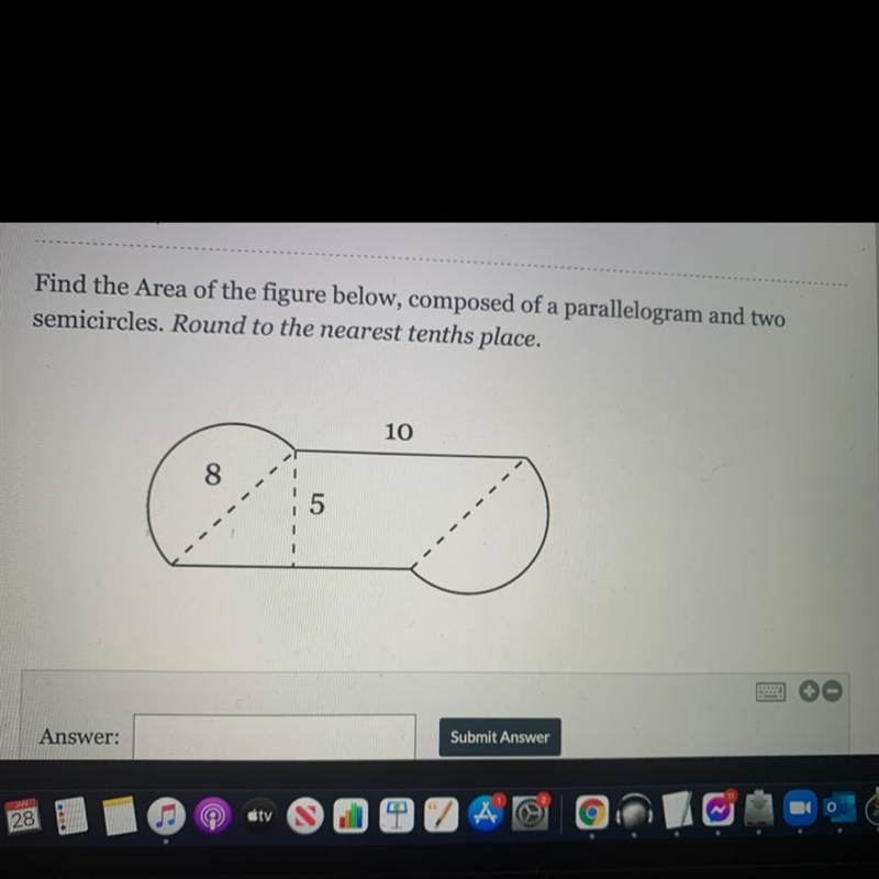 Find the Area of the figure below, composed of a parallelogram and two semicircles-example-1