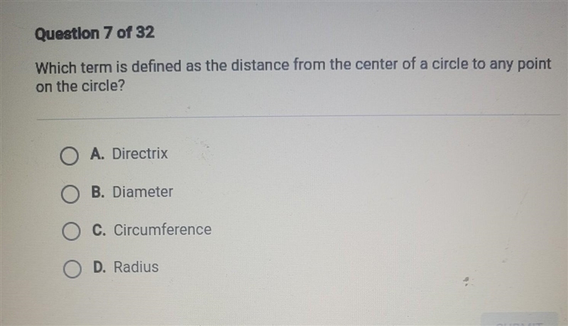 Which term is defined as the distance from the center of a circle to any point on-example-1