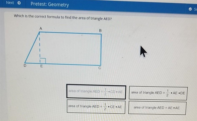 Which is the correct formula to find the area of triangle AED? A B D E C area of triangle-example-1