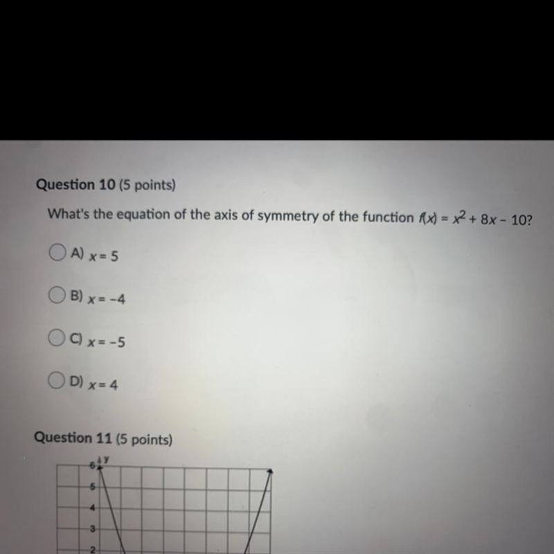 What's the equation of the axis of symmetry of the function f(x) = x2 + 8x - 10? A-example-1