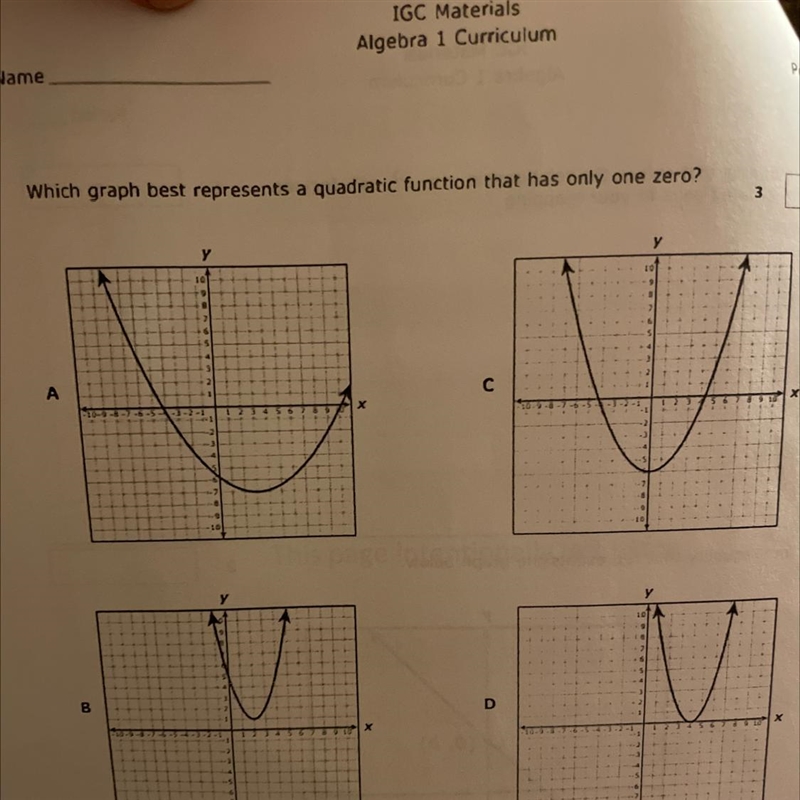 Which graph best represents a quadratic function that has only one zero?-example-1