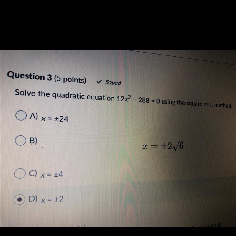 Solve the quadratic equation 12x^2 - 288 = 0 using the square root method.-example-1