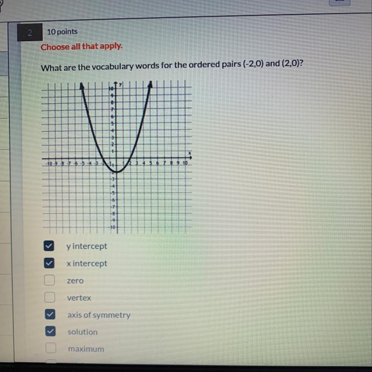 What are the vocabulary words for the ordered pairs (-2,0) and (2,0)-example-1