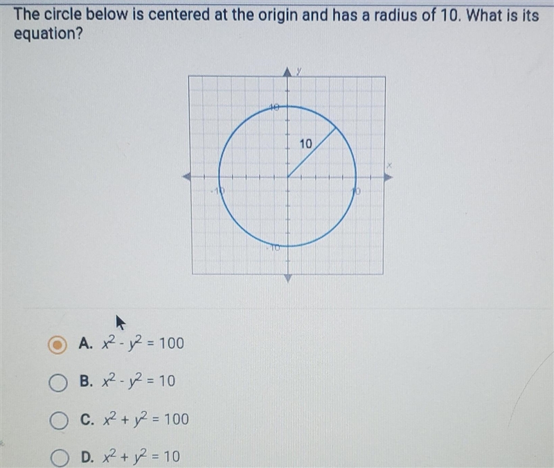 The circle below is centered at the origin and has a radius of 10. What is its equation-example-1