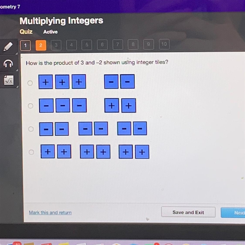 QUICK ITS TIMED PLS HELP QUICK!!!!! How is the product of 3 and -2 shown using integer-example-1