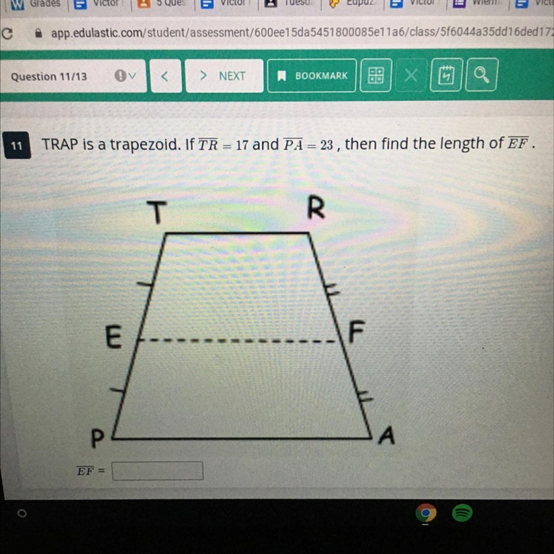 TRAP is a trapezoid. If TR= 17 and PA= 23, then find the length of EF .-example-1