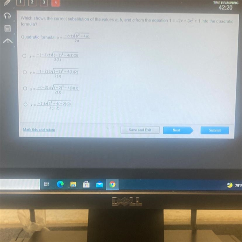 Which shows the correct substitution of the values a, b, and c from the equation 1 = -2x-example-1