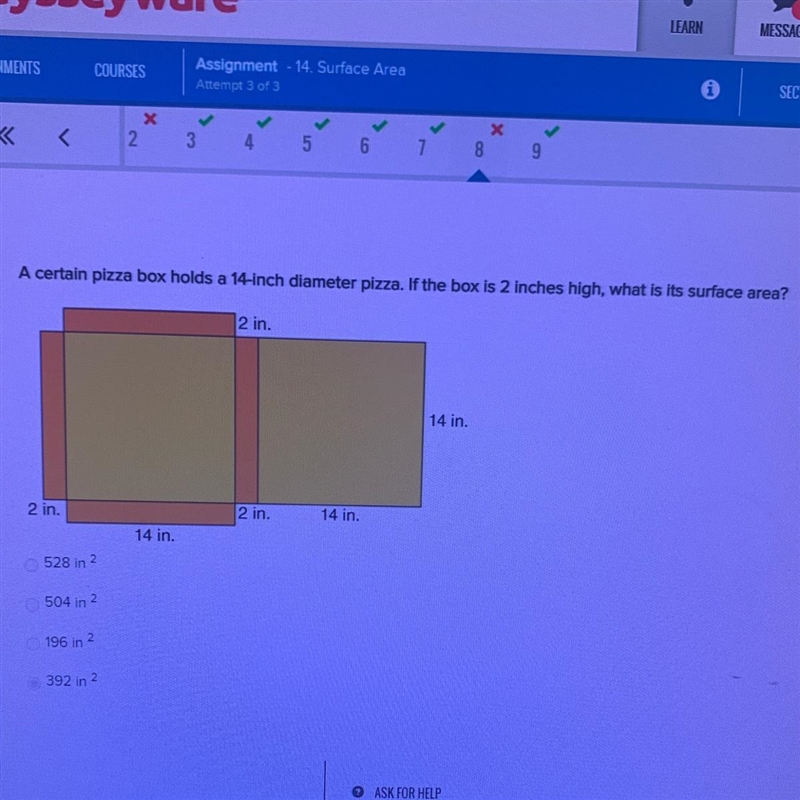 A certain pizza box holds a 14-inch diameter pizza. If the box is 2 inches high, what-example-1