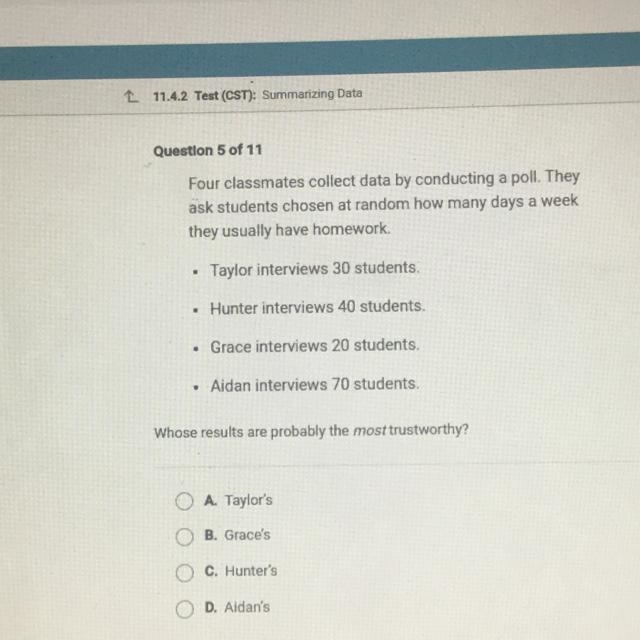 Four classmates collect data by conducting a poll. They ask students chosen at random-example-1