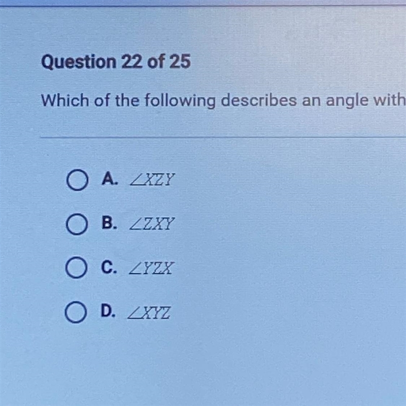 Which of the following describes an angle with a vertex at Z?-example-1