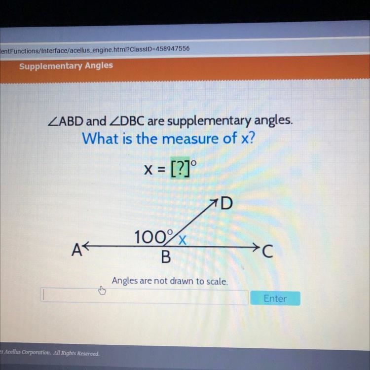 Recovery ZABD and ZDBC are supplementary angles. What is the measure of x? X = [?]° AT-example-1