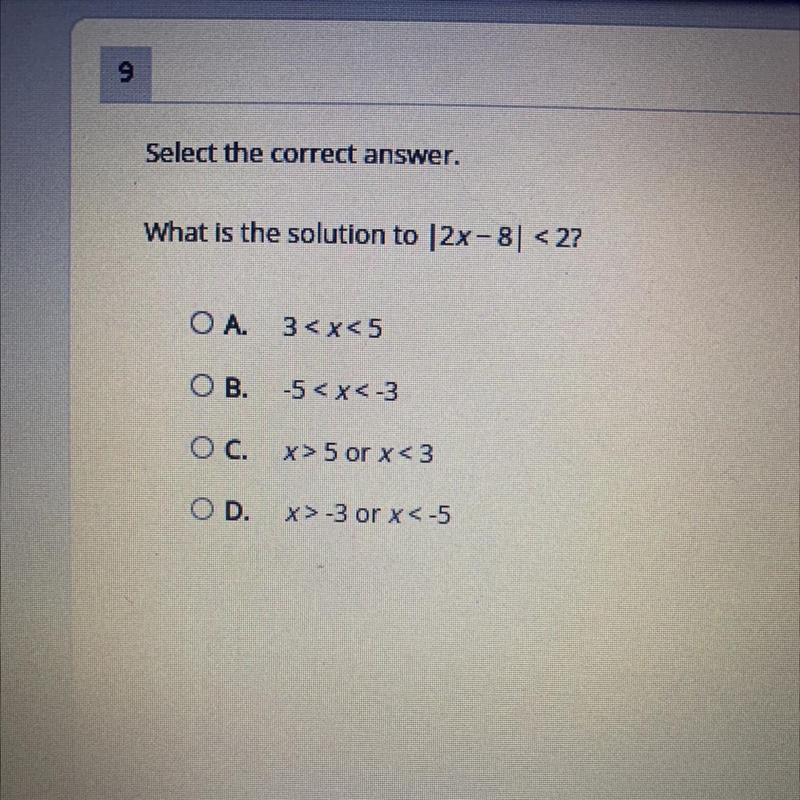 PLEASE HELP what is the solution to |2x-8|<2-example-1