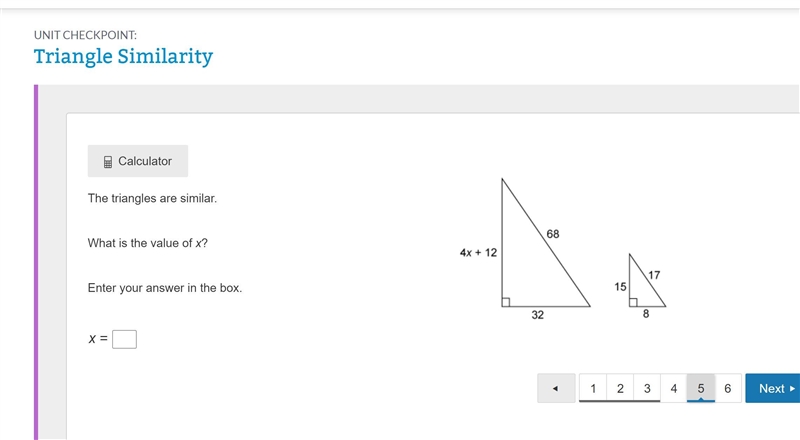 The triangles are similar. What is the value of x? Enter your answer in the box. x-example-1