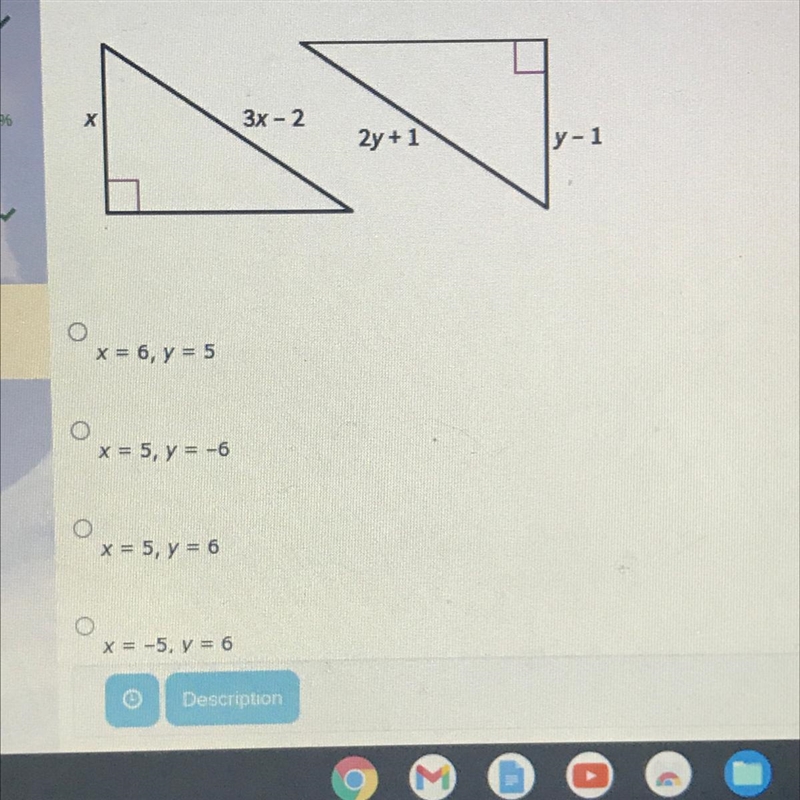 Find the value of X and Y that make these triangles congruent by the HL theorem.-example-1