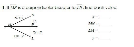 If MP is a perpendicular bisector to LN, find each value(picture attached)-example-1