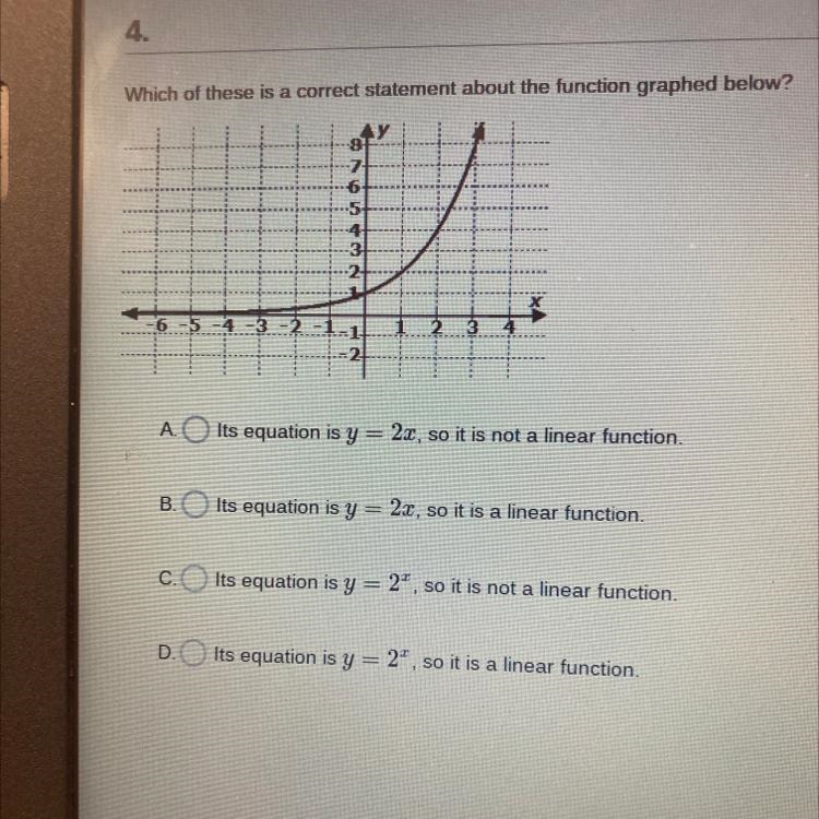 Which of these is a correct statement about the function graphed below? 5 A. Its equation-example-1