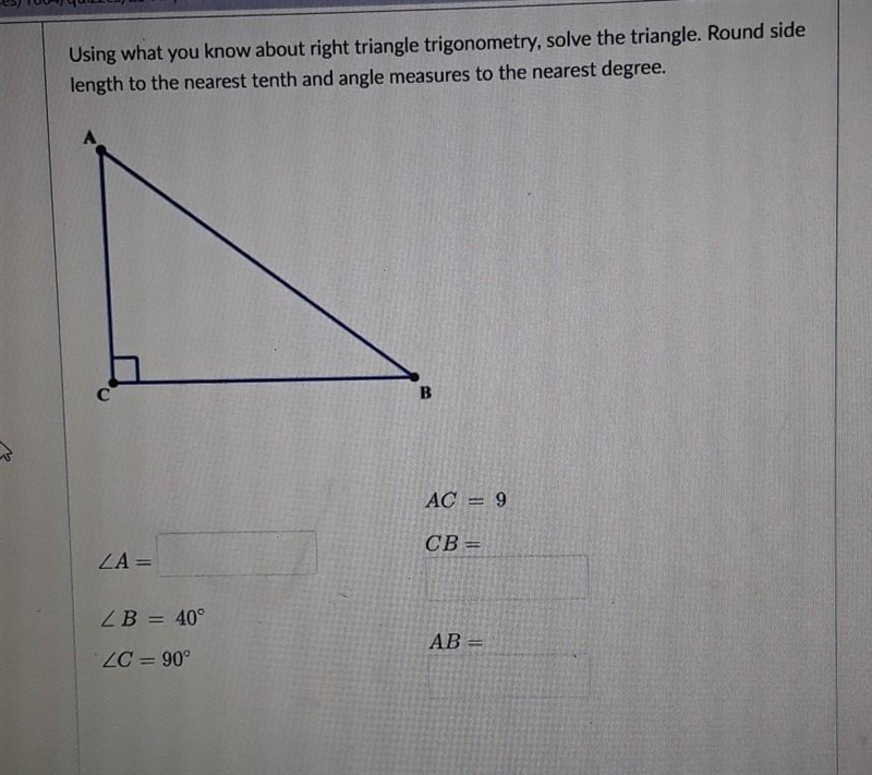 Round the side length to the nearest tenth and angle measures to the nearest degree-example-1