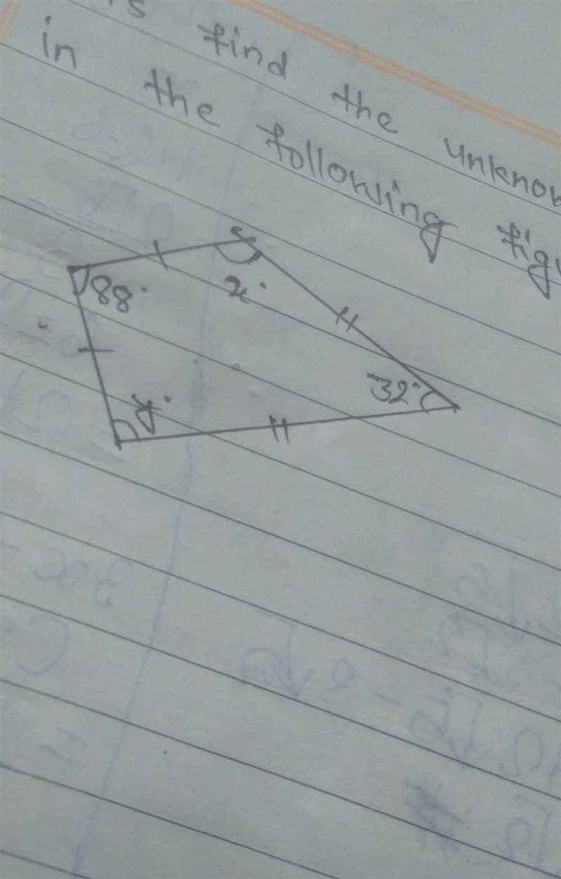 Find the unknown sizes of angle in the following figures​-example-1