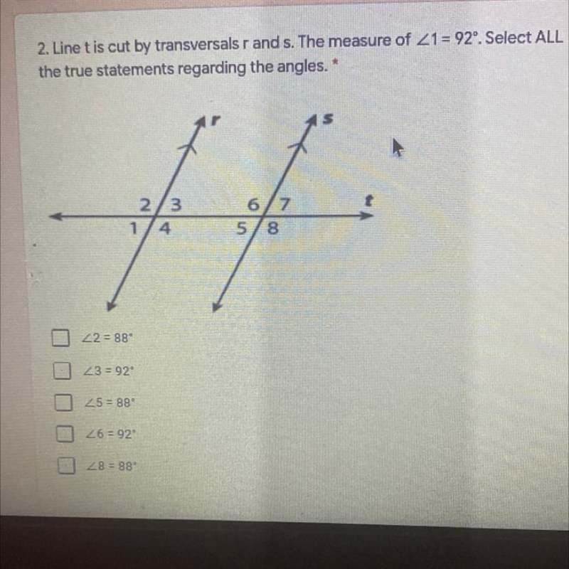 Line t is cut by transversal r and s the measure of < 1 =92 select all the true-example-1