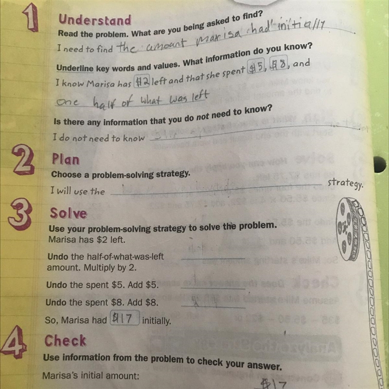 Undo the half of what was left amount. Multiply 2 Undo the spent $5 add $5 Undo the-example-1