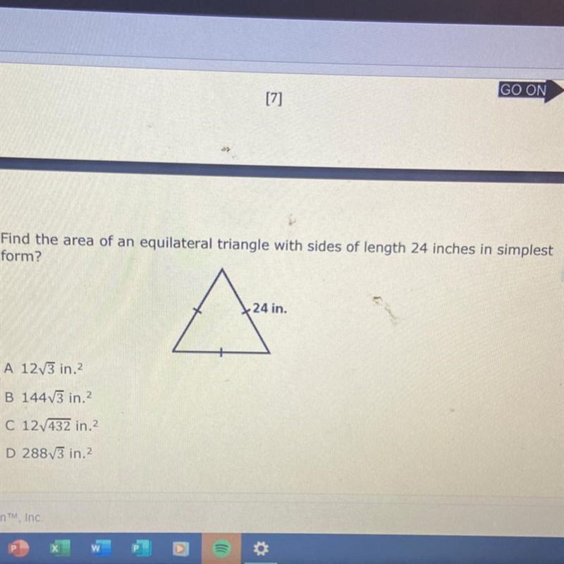 Find the area of an equilateral triangle with sides of length 24 inches in simplest-example-1