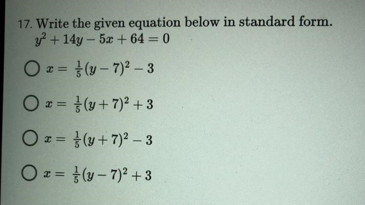 Write in standard form. y^2+14y-5x+64=0-example-1