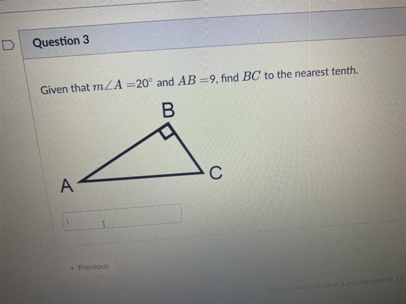 Given that A=20 and AB=9, find BC to the nearest tenth.-example-1