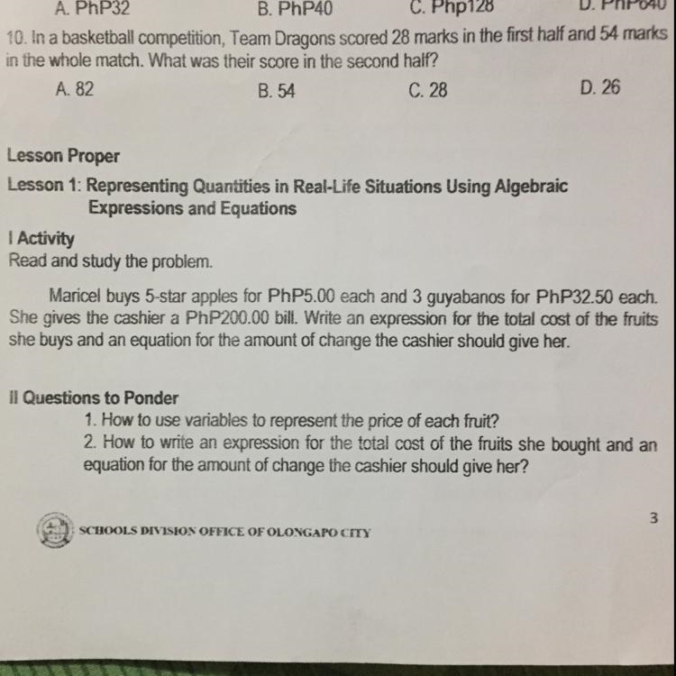 1 Activity Read and study the problem. Marcel buys 5-star apples for PhP5.00 each-example-1