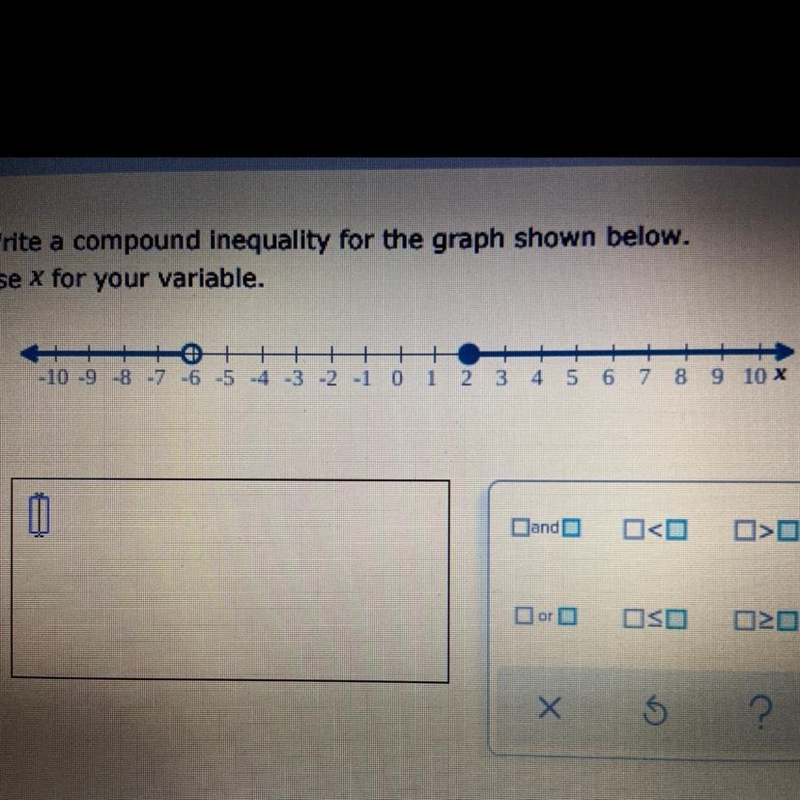 Write a compound inequality for the graph shown below. Use x for your variable.-example-1