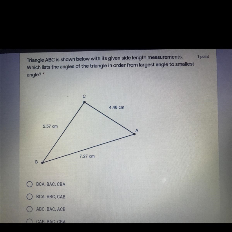 Triangle ABC is shown below with its given side length measurements. Which lists the-example-1